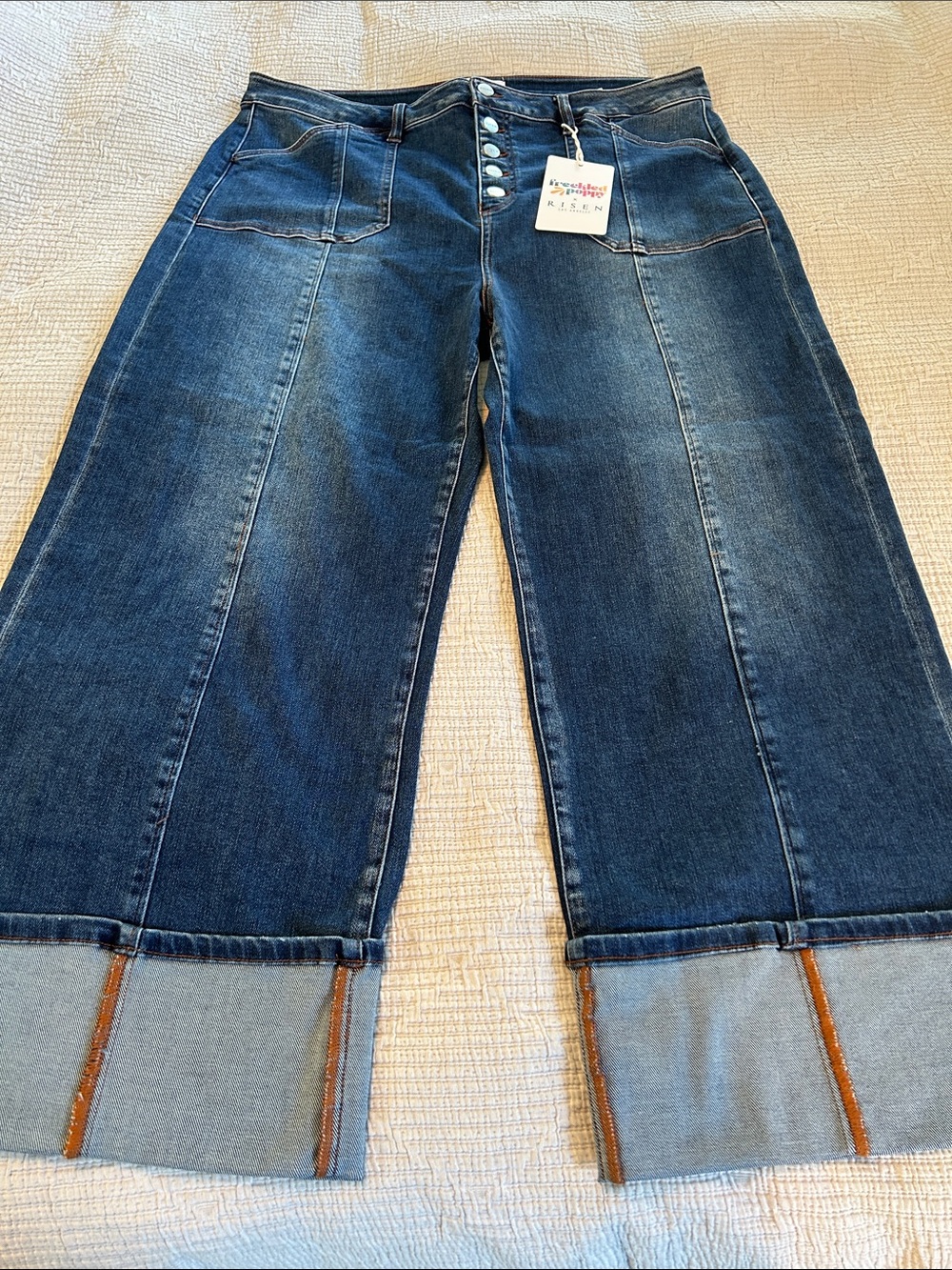 Risen from Boutique Women's Dark Blue Wide Leg Jeans - Cuffed Flare